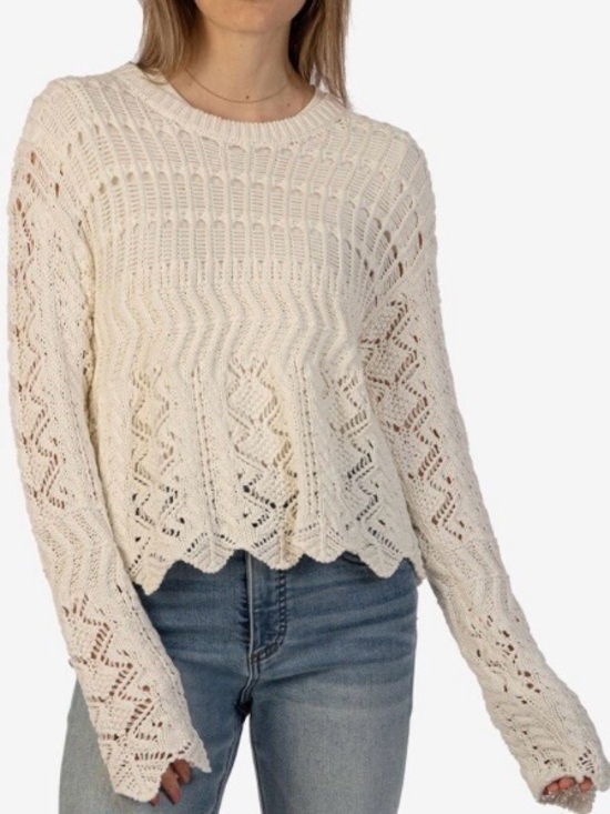 Kut from the Kloth Sweaters - Kut from the Kloth 100% Cotton Open Knit Scalloped Hem Crew Sweater, Ivory, XL